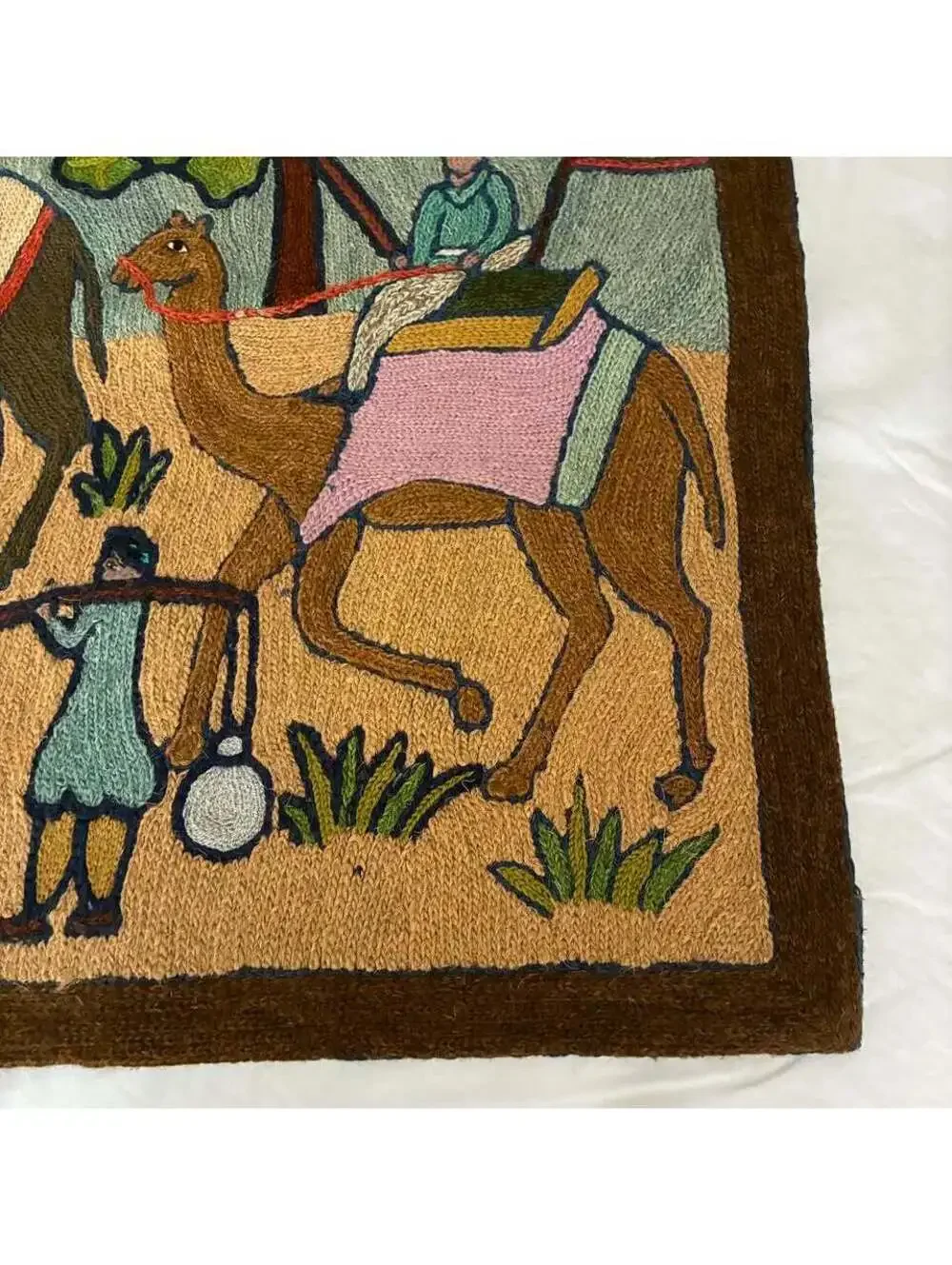 Vintage Kashmiri Chain Stitch Wool Rug Camel Caravan India Pictorial 24x36